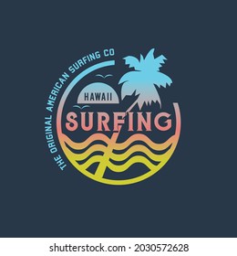 Vector illustration on the theme of surfing and surf in Hawaii. Stamp typography, t-shirt graphics, print, poster, banner, flyer, postcard