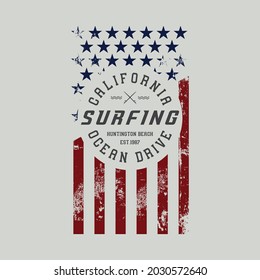 Vector illustration on the theme of surfing and surf in California, Huntington Beach. American flag. Vintage design. Stamp typography, t-shirt graphics, print, poster, banner, flyer, postcard