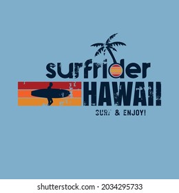 Ilustración vectorial sobre el tema del surf y el surf en Hawaii. Diseño de época. Borde de fondo. Tipografía deportiva, gráficos para camisetas, impresión, afiche, pancarta, volante, postal