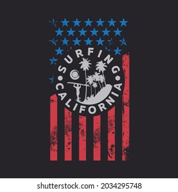 Vector illustration on the theme of surfing and surf in California. American flag. Vintage design. Stamp typography, t-shirt graphics, print, poster, banner, flyer, postcard