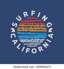 Vector illustration on the theme of surfing and surf in California. Stump typography, t-shirt graphics, print, poster, banner, flyer, postcard