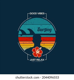 Vector illustration on the theme of surfing  in california. Vintage design. Sport typography, t-shirt graphics, print, poster, banner, flyer, postcard.
