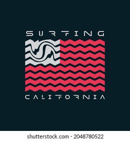 Vector illustration on the theme of surfing and surf in California. American flag.  Sport typography, t-shirt graphics, print, poster, banner, flyer, postcard