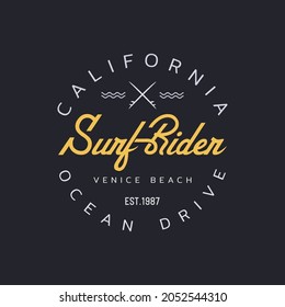 Vector illustration on the theme of surfing and surf rider in California, Venice beach. Stamp typography, t-shirt graphics, print, poster, banner, flyer, postcard