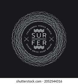 Vector illustration on the theme of surfing and surfer in California, Venice beach. Stamp typography, t-shirt graphics, print, poster, banner, flyer, postcard