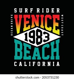 Vector illustration on the theme of surfing and surf rider in California, Venice beach. Stamp typography, t-shirt graphics, poster, banner, flyer, postcard
