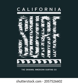 Ilustración vectorial sobre el tema del surf y el surf en California. Tipografía deportiva, gráficos para camisetas, impresión, afiche, pancarta, volante, postal