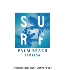 Vector illustration on the theme of surfing and surf in Florida, Palm Beach. Sport typography, t-shirt graphics, print, poster, banner, flyer, postcard