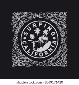 Vector illustration on the theme of surfing and surf in California. Stump typography, t-shirt graphics, print, poster, banner, flyer, postcard