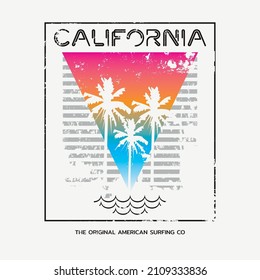 Vector illustration on the theme of surfing and surf in California. Vintage design. Grunge background. Sport typography, t-shirt graphics, print, poster, banner, flyer, postcard