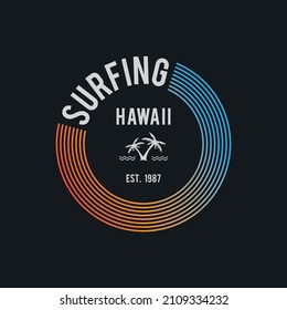 Ilustración vectorial sobre el tema del surf y el surf en Hawaii. Tipografía de bulto, gráficos de camisetas, impresión, afiche, pancarta, volante, postal