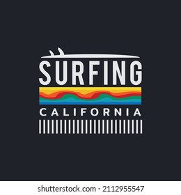 Vector illustration on the theme of surfing and surf in California. Sport typography, t-shirt graphics, print, poster, banner, flyer, postcard