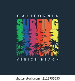 Vector illustration on the theme of surfing and surf in California, Venice Beach. Sport typography, t-shirt graphics, print, poster, banner, flyer, postcard