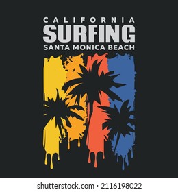 Vector illustration on the theme of surfing and surf in California, Santa Monica Beach. Sport typography, t-shirt graphics, print, poster, banner, flyer, postcard