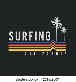 Vector illustration on the theme of surfing and surf in California. Sport typography, t-shirt graphics, print, poster, banner, flyer, postcard