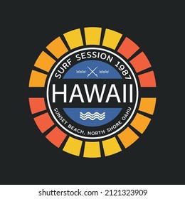 Vector illustration on the theme of surfing and surf in Hawaii, Sunset beach. Stamp typography, t-shirt graphics, print, poster, banner, flyer, postcard