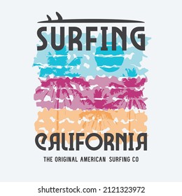 Vector Illustration On The Theme Of Surfing And Surf In California. Sport Typography, T-shirt Graphics, Print, Poster, Banner, Flyer, Postcard