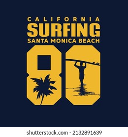 Vector illustration on the theme of surfing and surf in California. Vintage design. Number sport typography, t-shirt graphics, print, poster, banner, flyer, postcard