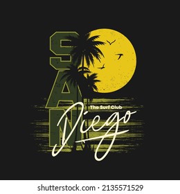 Vector illustration on the theme of surfing and surf in san diego .Sport typography, t-shirt graphics, print, poster, banner, flyer, postcard