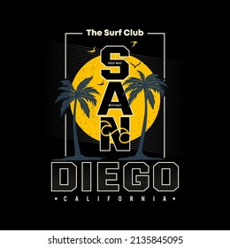 Vector illustration on the theme of surfing and surf in san diego, Palm Beach. Vintage design. Grunge background. Sport typography, t-shirt graphics, print, poster, banner, flyer, postcard