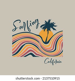 Vector illustration on the theme of surfing and surf in California. Sport typography, t-shirt graphics, print, poster, banner, flyer, postcard
