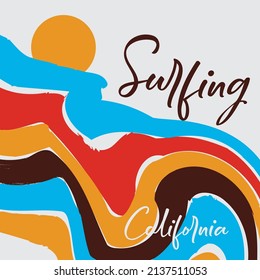 Vector illustration on the theme of surfing and surf in California. Sport typography, t-shirt graphics, print, poster, banner, flyer, postcard