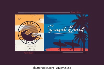 Vector illustration on the theme of surfing and surf in California, Santa Monica Beach. Sport typography, t-shirt graphics, print, poster, banner, flyer, postcard