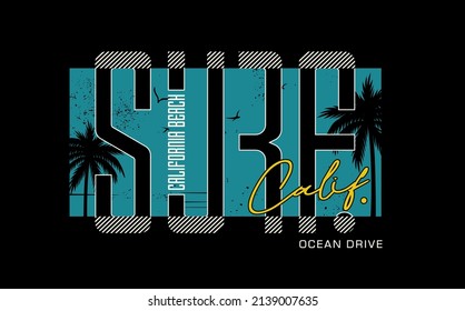 Vector illustration on the theme of surfing and surf in California, Santa Monica Beach. Sport typography, t-shirt graphics, print, poster, banner, flyer, postcard