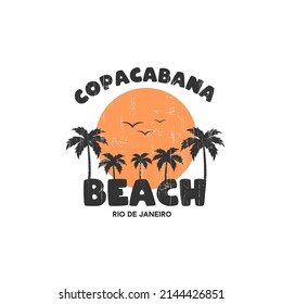 Vector illustration on the theme of surfing and surf in copacabana beach, Malibu Beach. Vintage design. Grunge background. Sport typography, t-shirt graphics, print, poster, banner, flyer, postcard
