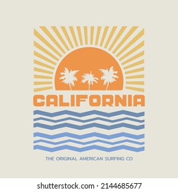 Ilustración vectorial sobre el tema del surf y el surf en California. Tipografía deportiva, gráficos para camisetas, impresión, afiche, pancarta, volante, postal