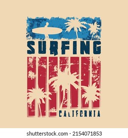 Vector illustration on the theme of surfing and surf in California. Grunge background.  Stylized American Flag. Vintage design.  Typography, t-shirt graphics, poster, print, banner, flyer, postcard