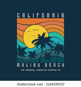 Vector illustration on the theme of surfing and surf in California, Malibu Beach. Sport typography, t-shirt graphics, print, poster, banner, flyer, postcard