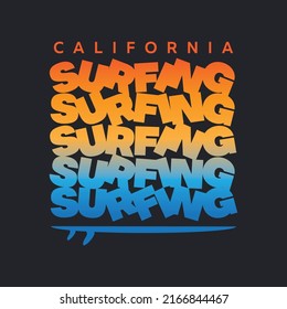 Ilustración vectorial sobre el tema del surf y el surf en California. Tipografía deportiva, gráficos para camisetas, impresión, afiche, pancarta, volante, postal