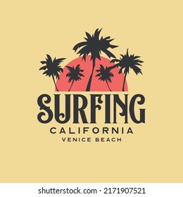 Vector illustration on the theme of surfing and surf in California. Vintage design. Sport typography, t-shirt graphics, print, poster, banner, flyer, postcard