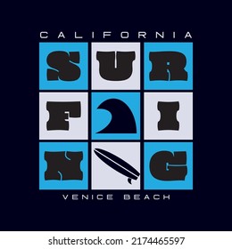 Vector illustration on the theme of surfing and surf in California. Sport typography, t-shirt graphics, print, poster, banner, flyer, postcard