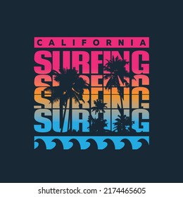 Vector illustration on the theme of surfing and surf in California. Sport typography, t-shirt graphics, print, poster, banner, flyer, postcard