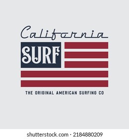 Vector illustration on the theme of surfing and surf in California. American flag.  Sport typography, t-shirt graphics, print, poster, banner, flyer, postcard