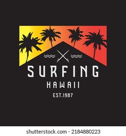 Vector illustration on the theme of surfing and surf in Hawaii. Stamp typography, t-shirt graphics, print, poster, banner, flyer, postcard