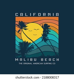 Vector illustration on the theme of surfing and surf in California, Malibu Beach. Sport typography, t-shirt graphics, print, poster, banner, flyer, postcard