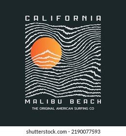Vector illustration on the theme of surfing and surf in California, Malibu beach. Typography, t-shirt graphics, poster, print, banner, flyer, postcard