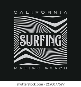 Vector illustration on the theme of surfing and surf in California. Typography, t-shirt graphics, poster, print, banner, flyer, postcard