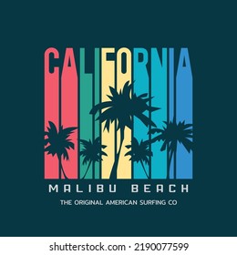 Vector illustration on the theme of surfing and surf in California, Malibu Beach. Sport typography, t-shirt graphics, print, poster, banner, flyer, postcard