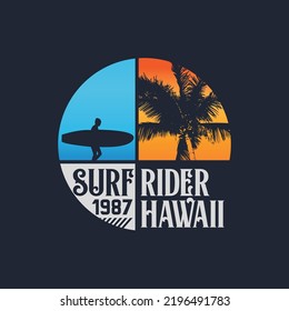 Vector illustration on the theme of surfing and surf rider in Hawaii. Sport typography, t-shirt graphics, print, poster, banner, flyer, postcard