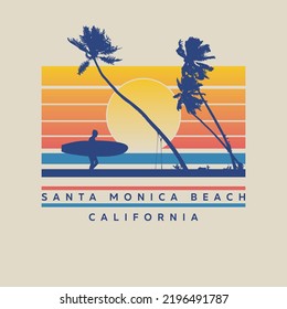 Vector illustration on the theme of surfing and surf in California, Santa Monica Beach. Sport typography, t-shirt graphics, print, poster, banner, flyer, postcard