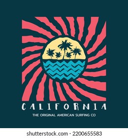 Vector illustration on the theme of surfing and surf in California. Vintage design. Sport typography, t-shirt graphics, print, poster, banner, flyer, postcard