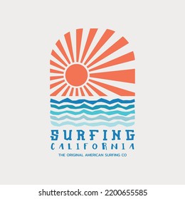 Vector illustration on the theme of surfing and surf in California. Vintage design. Sport typography, t-shirt graphics, print, poster, banner, flyer, postcard