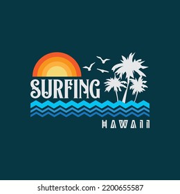 Vector illustration on the theme of surfing and surf in Hawaii. Sport typography, t-shirt graphics, print, poster, banner, flyer, postcard