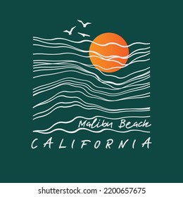 Ilustración vectorial sobre el tema del surf y el surf en California. Diseño de época. Tipografía deportiva, gráficos para camisetas, impresión, afiche, pancarta, volante, postal