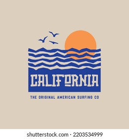 Vector illustration on the theme of surfing and surf in California. Vintage design. Sport typography, t-shirt graphics, print, poster, banner, flyer, postcard