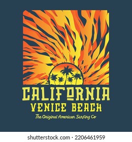 Vector illustration on the theme of surfing and surf in California, Venice beach. Vintage design. Sport typography, t-shirt graphics, print, poster, banner, flyer, postcard